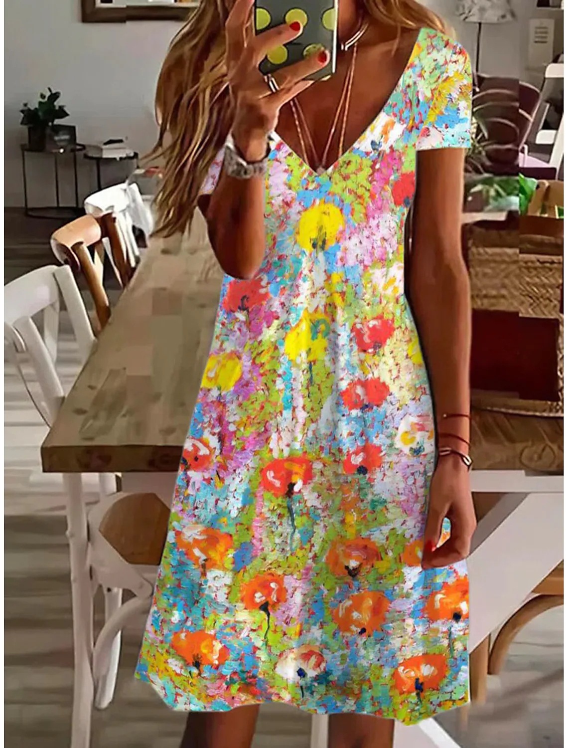 Mature Women Plus Size Summer Fashion Printed Leaf Printed V-neck Mini Dress