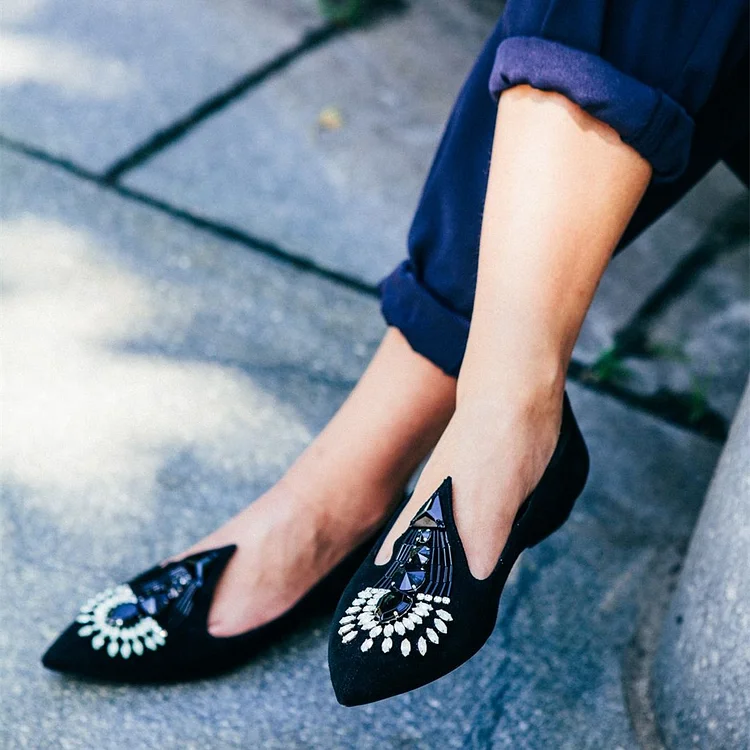 Black Vegan Suede Rhinestone Pointy Toe Flats Casual Shoes for Women |FSJ Shoes
