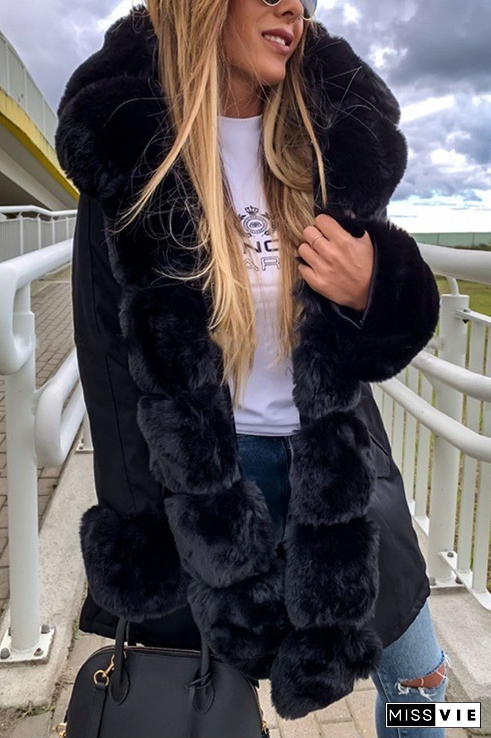 Drawstring Waist Fur Collar Fluffy Hooded Coat