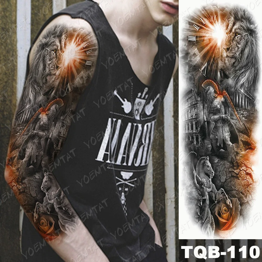 Large Arm Sleeve Waterproof Temporary Tattoo Sticker Lion Crown Gun Rose Wolf Tiger Animal Tattoos Women Men Body Art Fake Tatto
