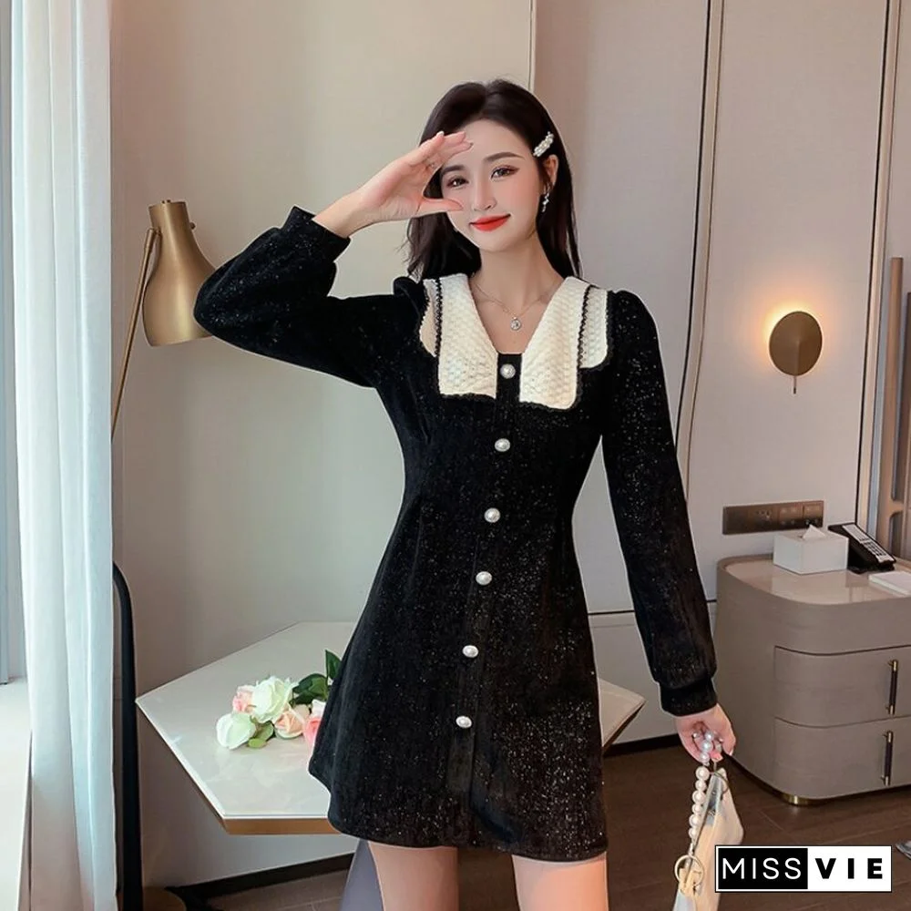 Luxury French Corduroy Mini Dress Women Elegant Pearl Button Party Evening Dresses Classic Black Vestidos De Mujer Vintage