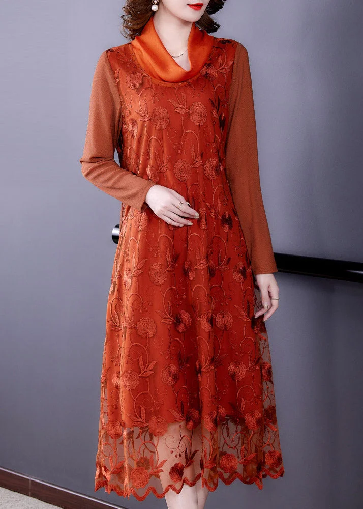 Stylish Orange Embroideried Floral Tulle Long Dress Long Sleeve