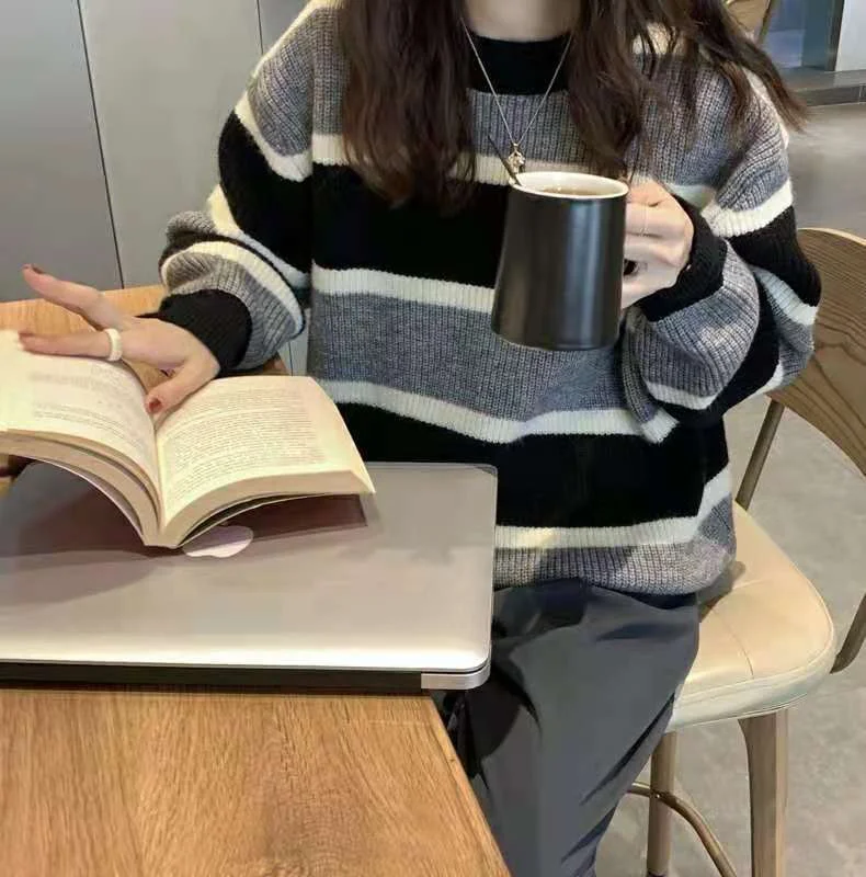Ueong Ueong New Autumn Winter Add Thick Classic Stripe Spell Color Sweater Female Loose Languid Lazy Wind Outside Wear Knit Jacket Trend