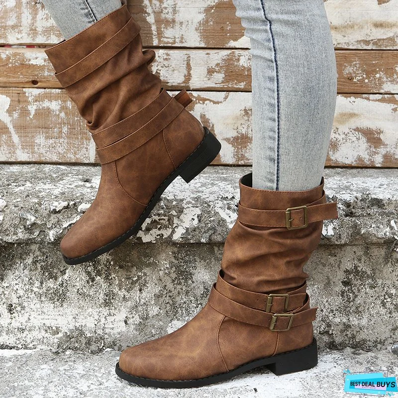 Vintage Casual Flat Heel Boots
