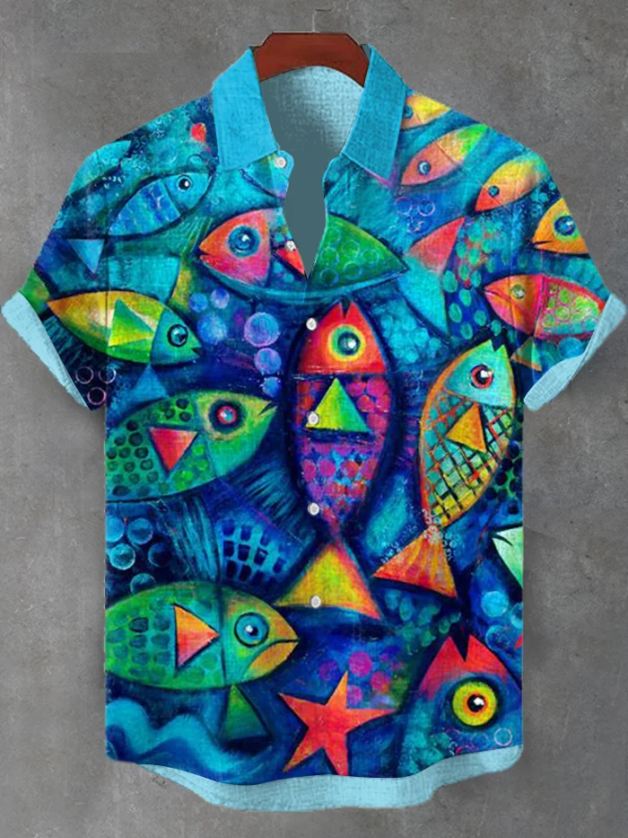 Men's Vintage Marine Organism Fish Totem Oil Painting Print Shirt