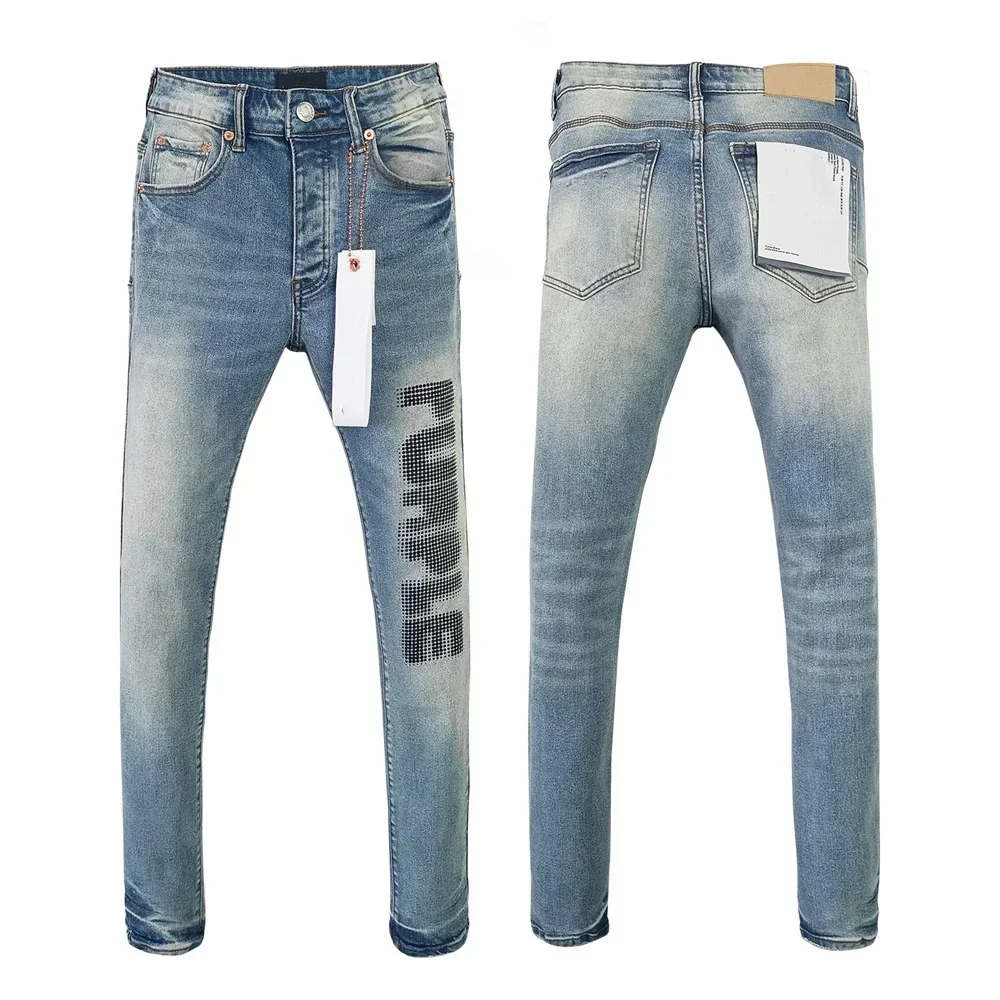 Wimaskel New Purples jeans American high street Retro wash hole patch trend straight Stylish low raise Elastic Skinny jeans brand pants