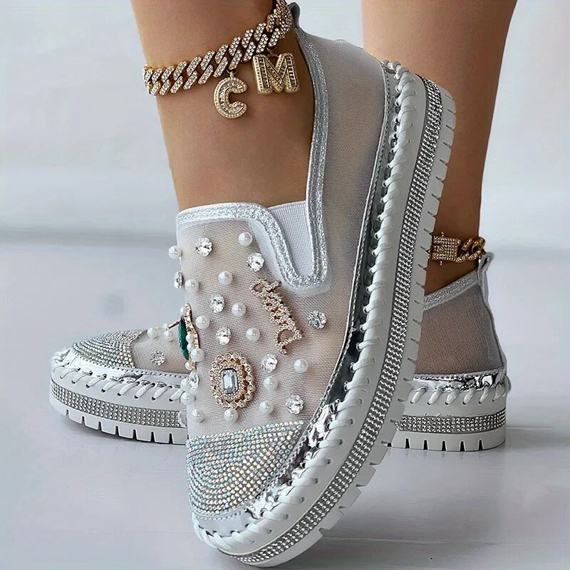 loafers Women's Rhinestone Decor Mesh Sneakers Slip On women's Shoes Versatile Thick Sole Woven Shoes Zapatos De Mujer