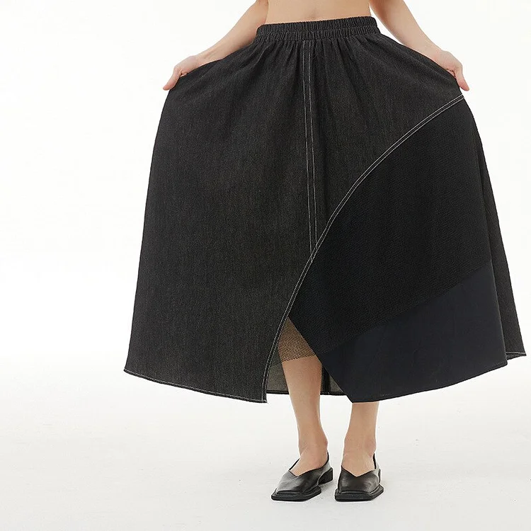 Fashion Pocket Asymmetrical Split Mesh Patchwork Skirt
