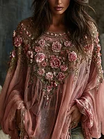 Women's Romantic Floral Embroidered Art Print Flowy Linen Blend Casual Tops