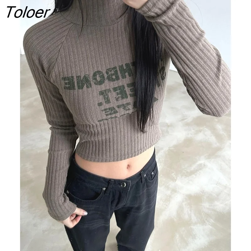 Toloer Korean Fashion Letter Print Knitted Crop Tops High Collar Grunge Casual Long Sleeve Women T-shirts Skinny Retro Clothes