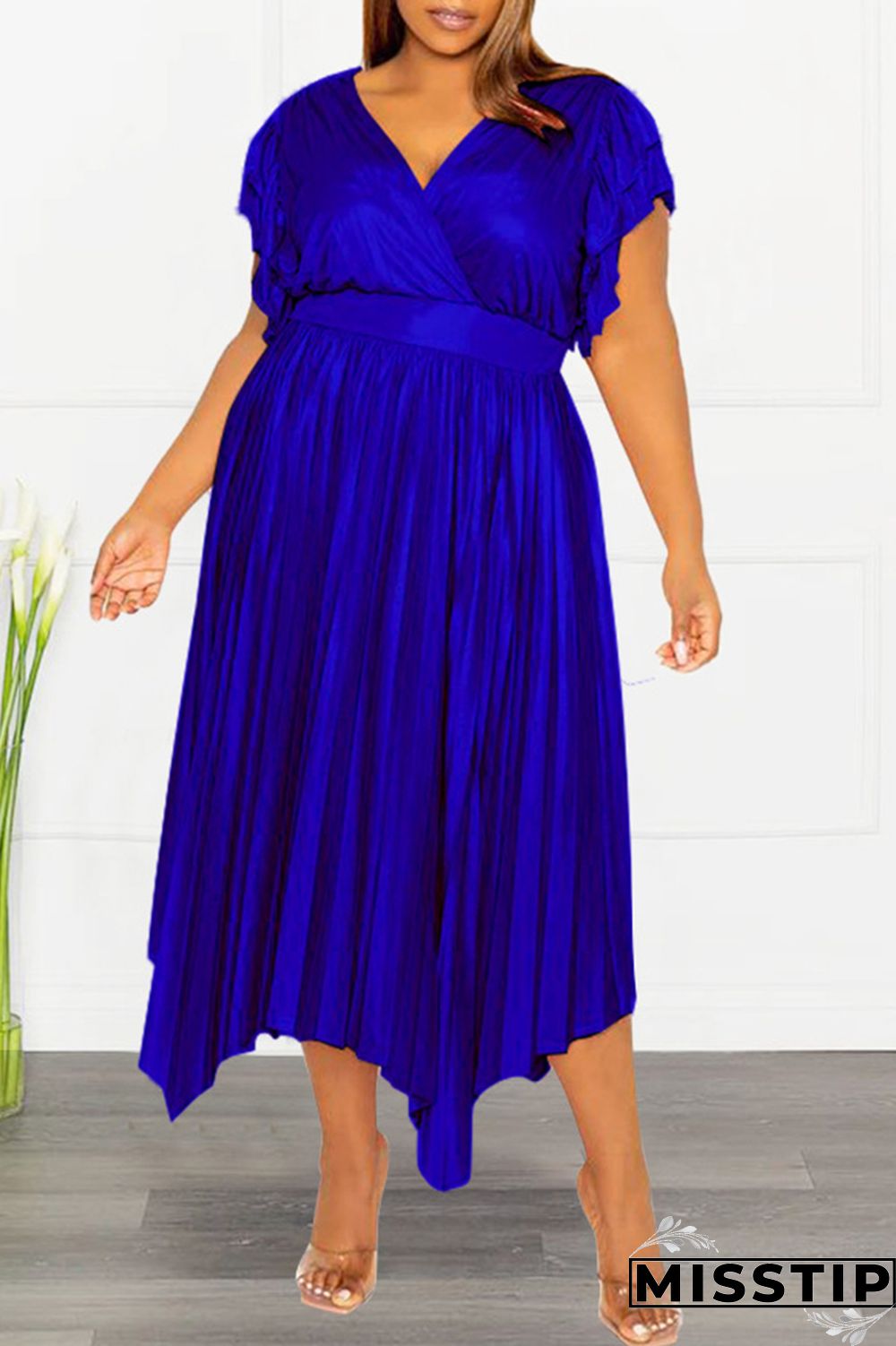Pink Casual Solid Patchwork V Neck Pleated Plus Size Dresses
