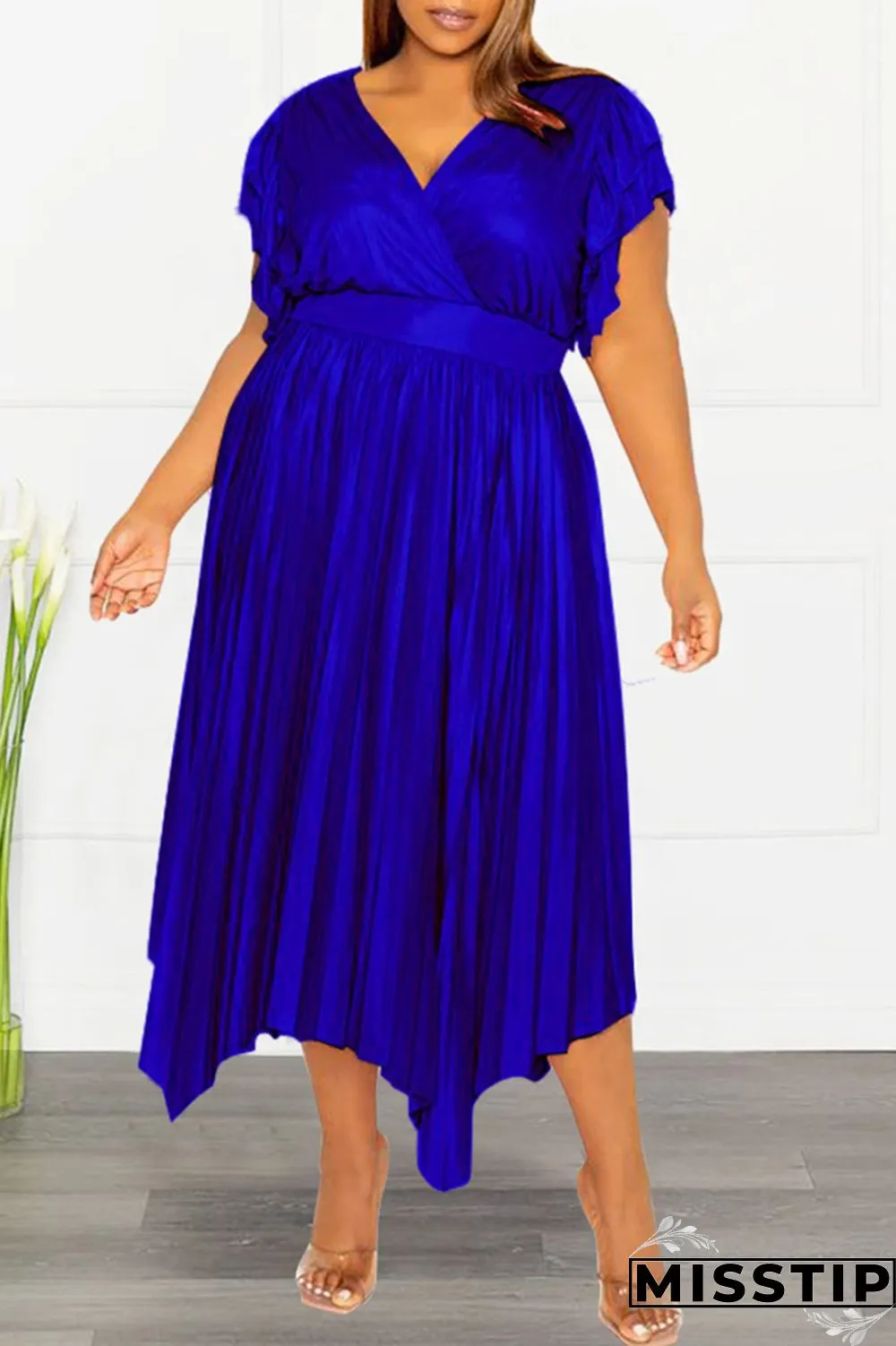 Pink Casual Solid Patchwork V Neck Pleated Plus Size Dresses