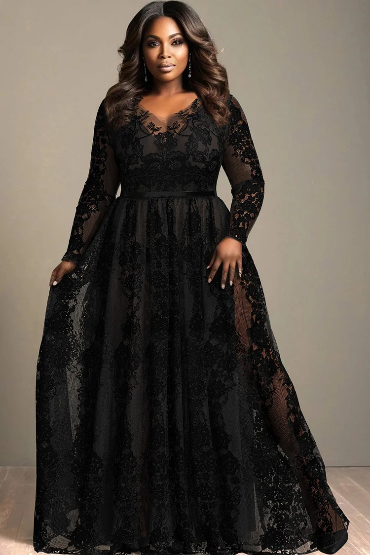 Xpluswear Design Plus Size Semi Formal Elegant Black V Neck Long Sleeve See Through Lace Maxi Dresses 