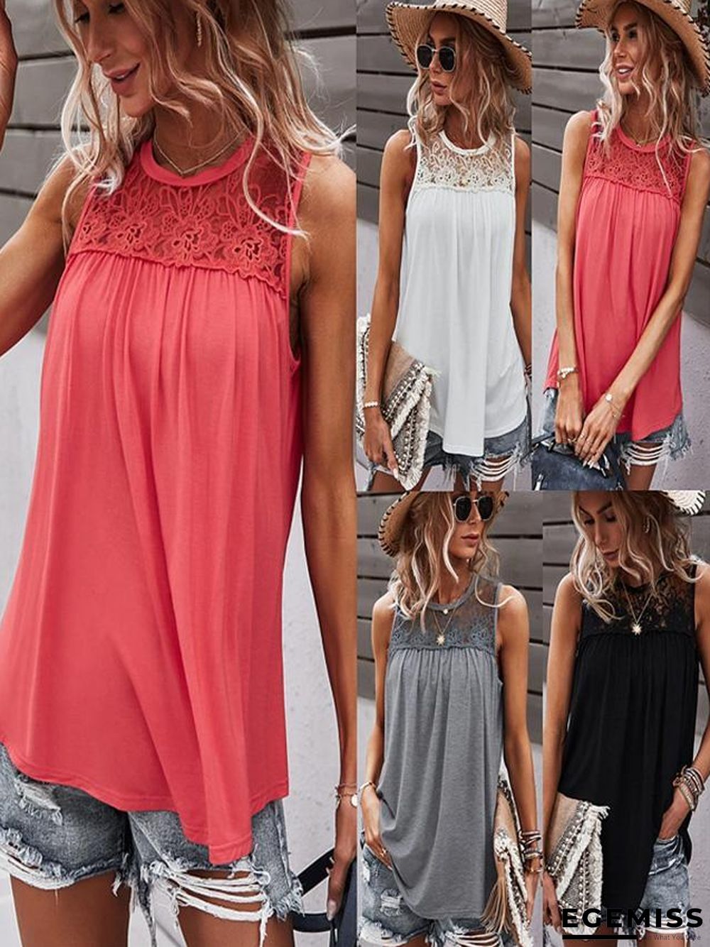 Long T-shirt Sleeveless Lace Women's Top | EGEMISS