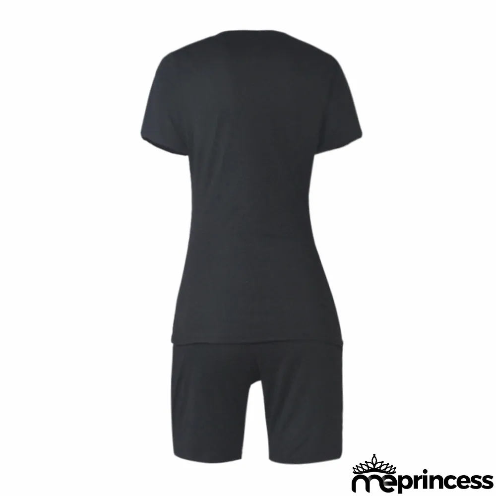 Plus Size Solid V Neck T Shirt And Shorts 2 Piece Sets