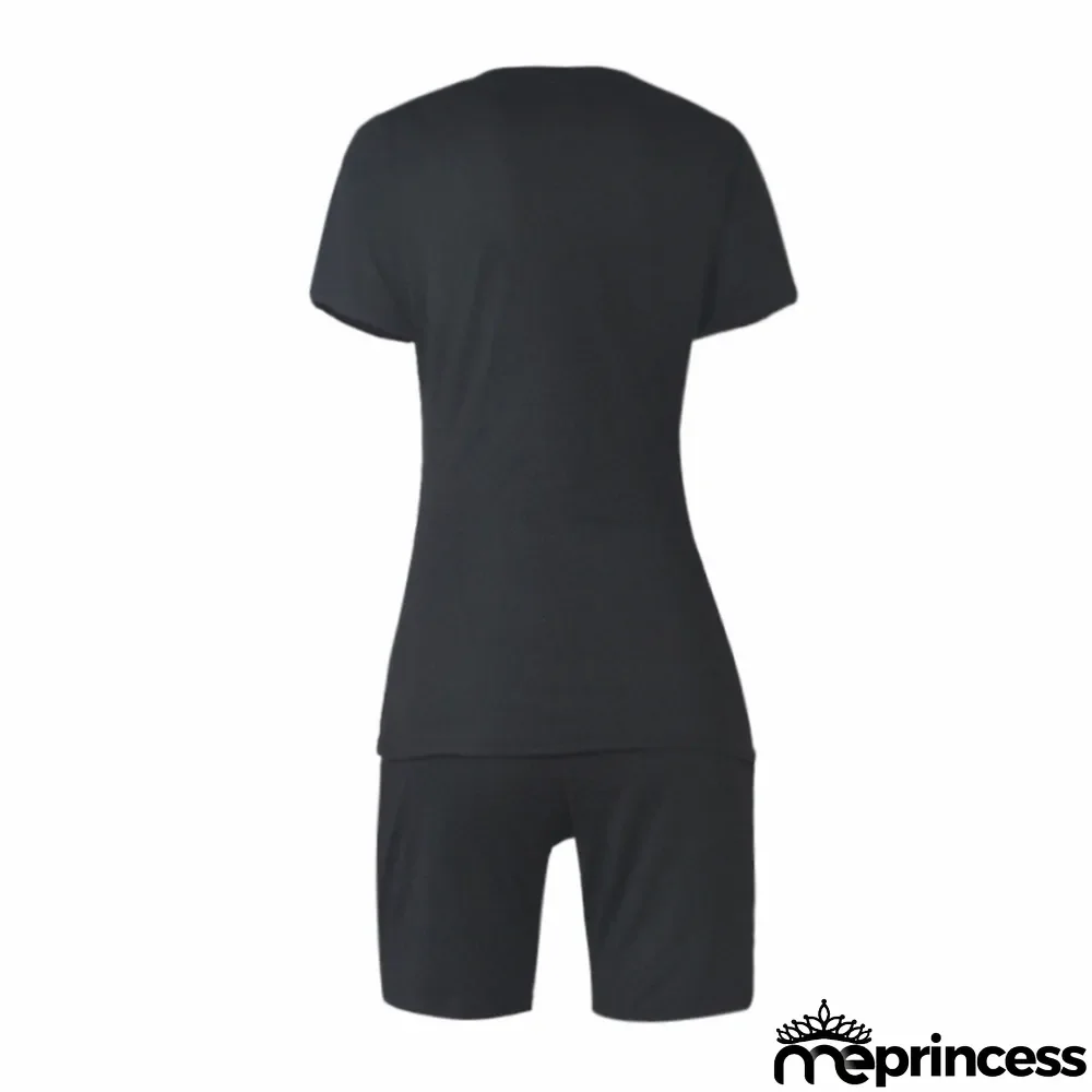 Plus Size Solid V Neck T Shirt And Shorts 2 Piece Sets