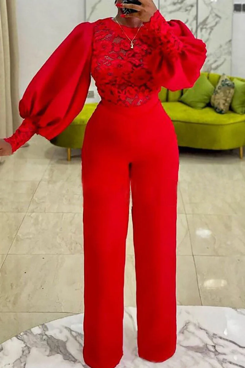 Sexy Solid Split Joint See-through O Neck Straight Jumpsuits