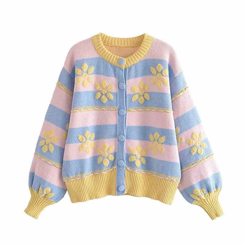 Za 2021 Flower Jacquard Cardigan Women Long Puff Sleeve Striped Knit Sweater Female Front Button Up Egegant Fitted Knitted Tops