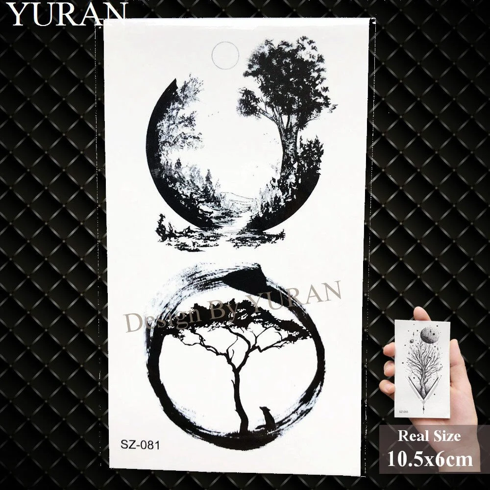 YURAN Black Mountain River Geometric Tattoo Stickers Women Body Arm Moon Temporary Tattoo Men Ankle Wolf Round Fake Tatoo 3D