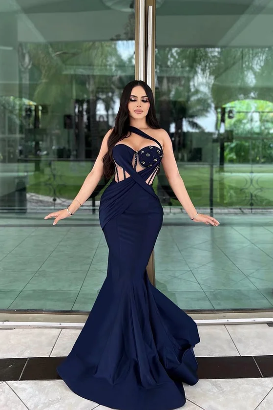 Daisda Sleeveless Halter Strap Sweetheart Beads Mermaid Prom Dress