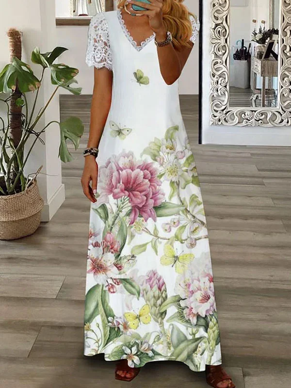 green foliage pink flowers women's dress
