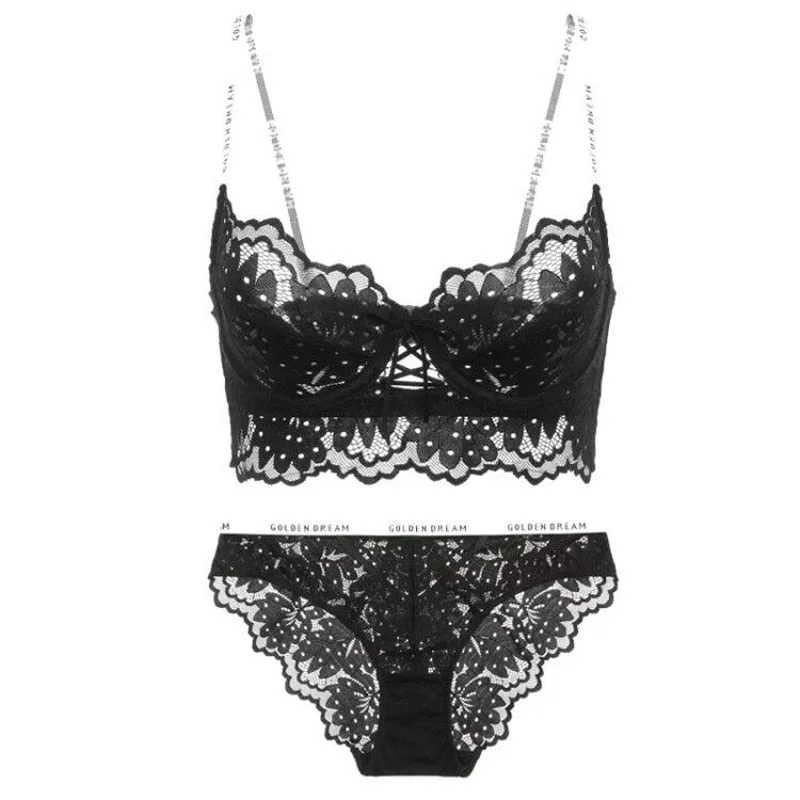 CINOON French Lace Embroidery Underwear Set Ultra-thin Bralette Push Up Brassiere Sexy Lace Lingerie Letter Bras and Panty Set