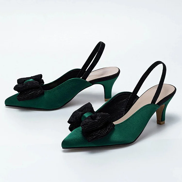 FSJ Green Satin Pointed Toe Low Heel Slingback Pumps with Black Bow |FSJ Shoes