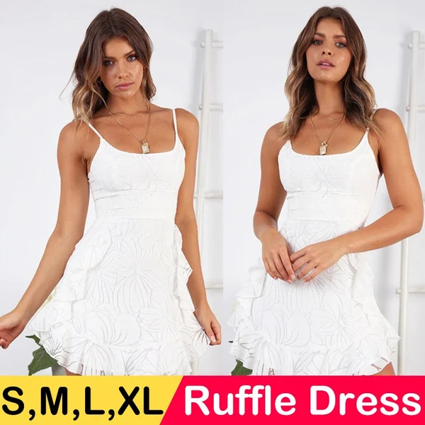 Summer Dress Sleeveless Spaghetti Strap Mini Ruffle Dress Women White Elegant Party Dress Vestidos