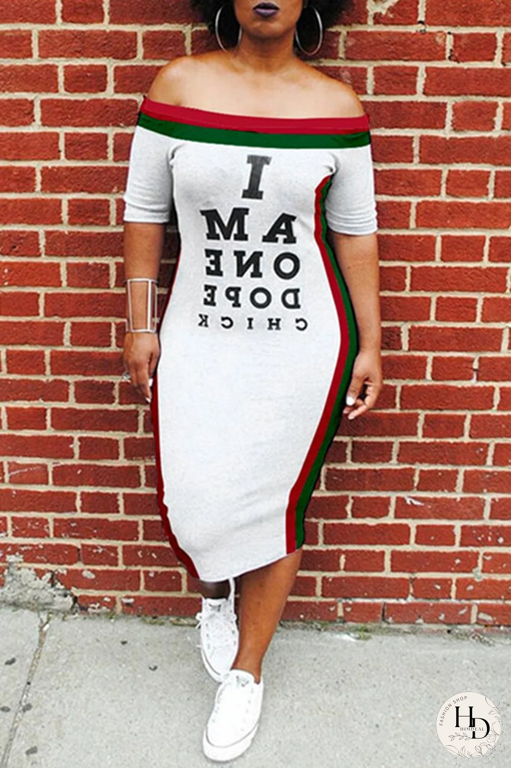 White Sexy Fashion Off The Shoulder Short Sleeves One word collar Step Skirt Mid-Calf Print Patchwork Pri