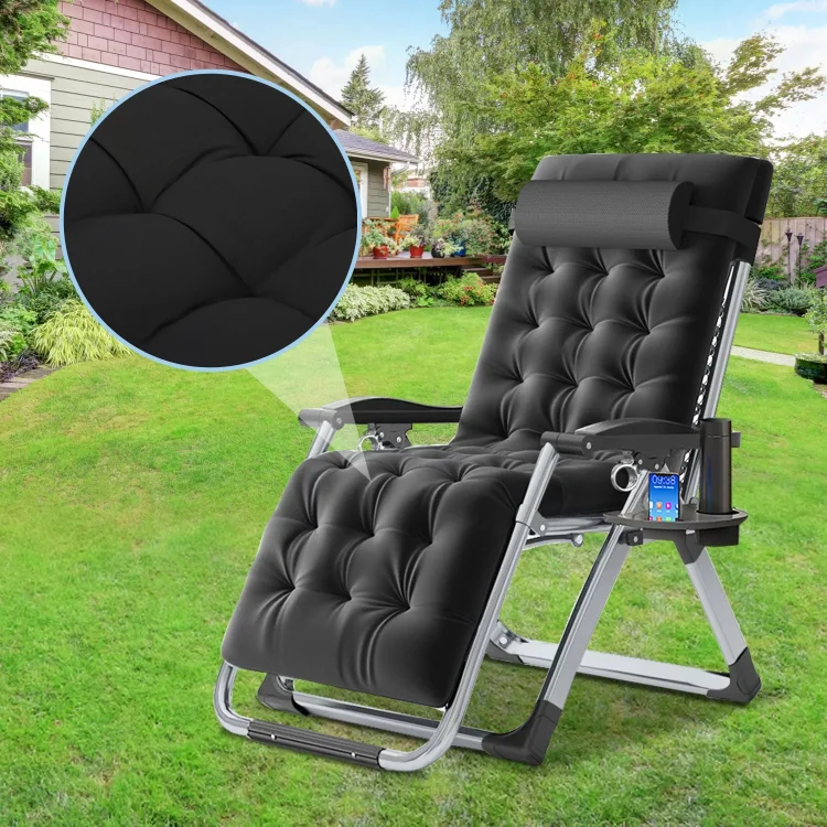 NAIZEA Zero Gravity Chair, Portable Folding Lawn Recliner with Removable Headrest, Cushion and Cup Holder, Black