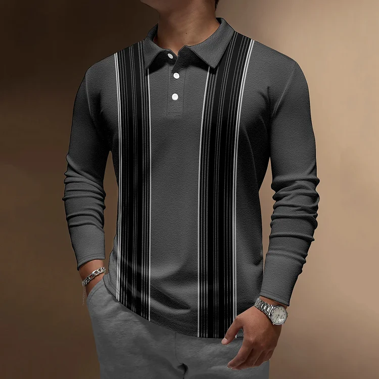 Comstylish Casual Geometric Striped Button Long Sleeve Polo Shirt
