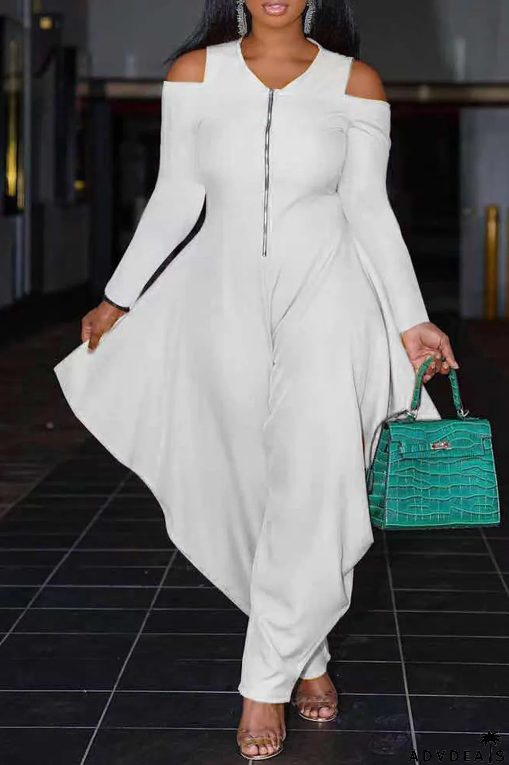 White Casual Solid Patchwork V Neck Loose Jumpsuits