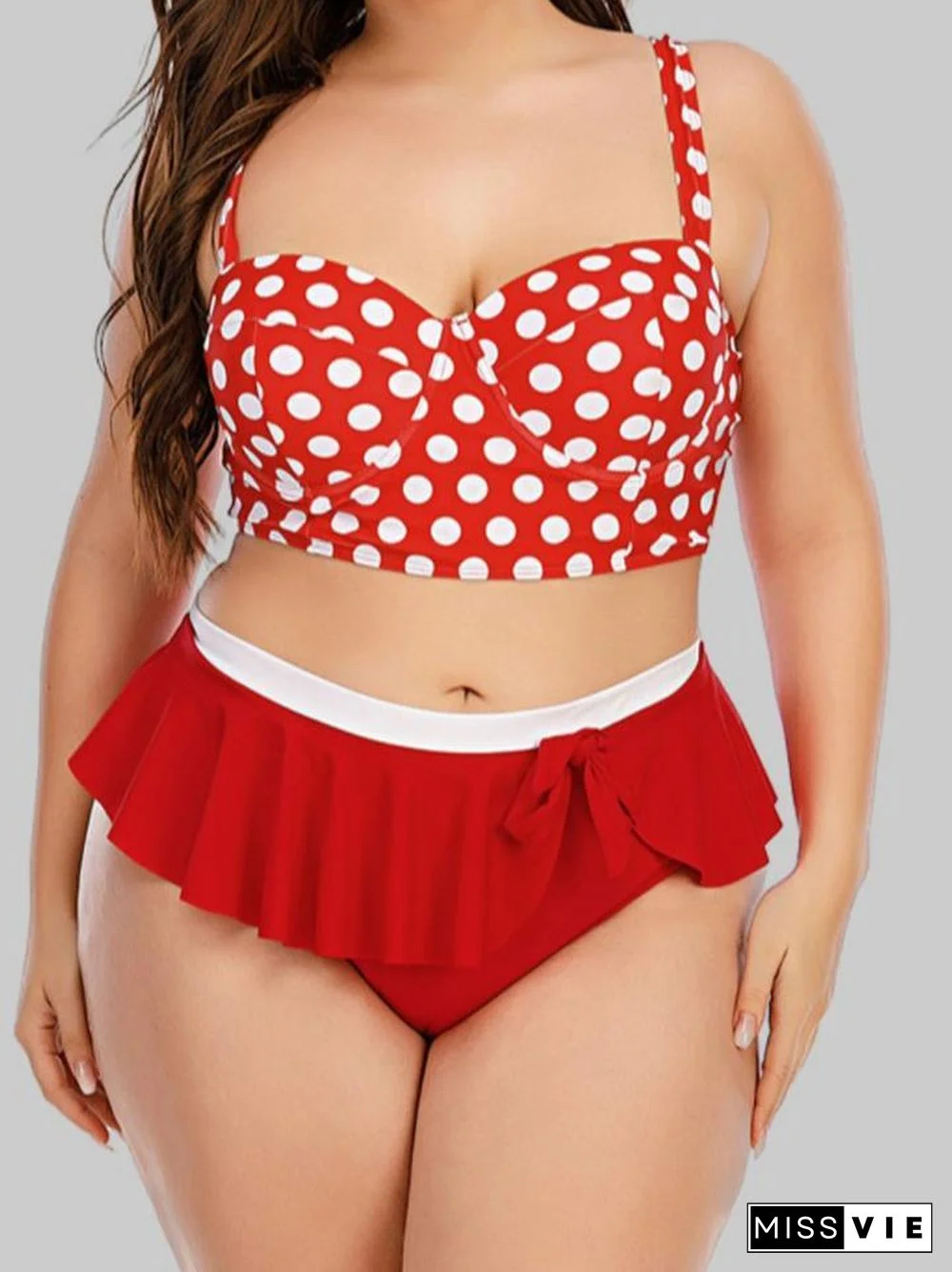 Dot Print Flounce Bow-tie Decoration Red Tankini P11287