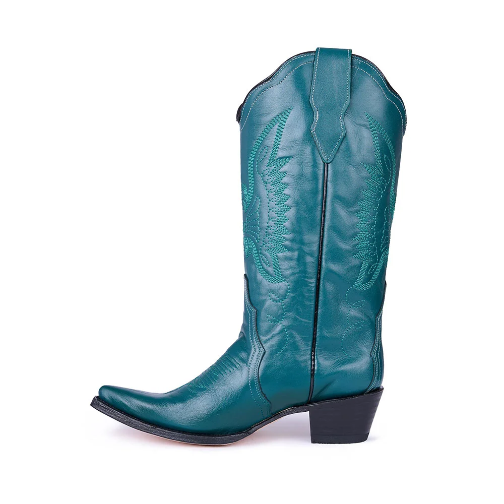 Teal Chunky Heel Pointed Toe Cowgirl Boots with Eagle Embroidery