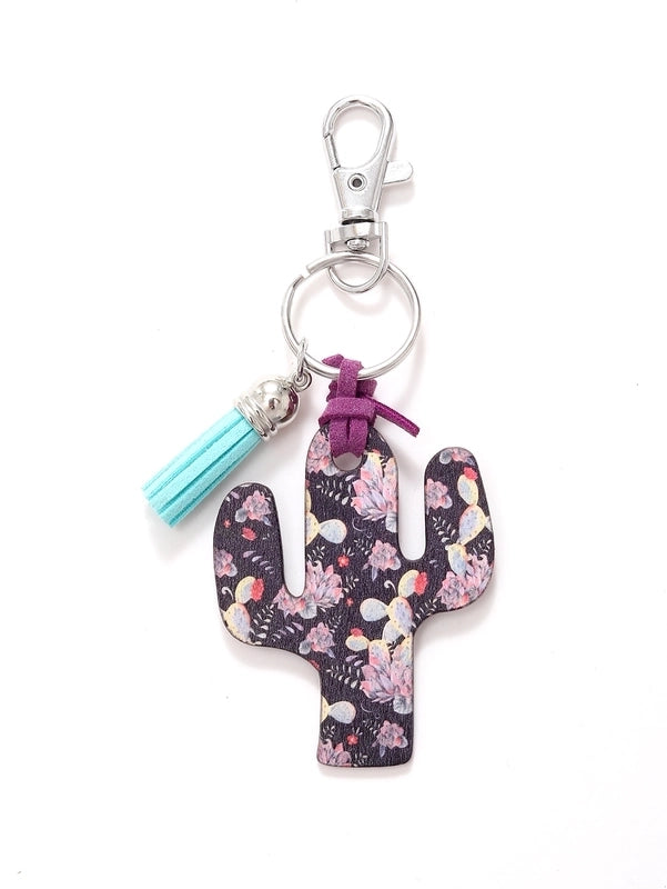 Classic Style Commute Cactus Printing Wood Bag Pendant Keychain