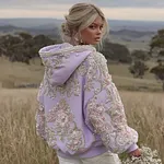 Women's Pink Flower Embroidery Art Long Sleeve Hoodie - Image 6