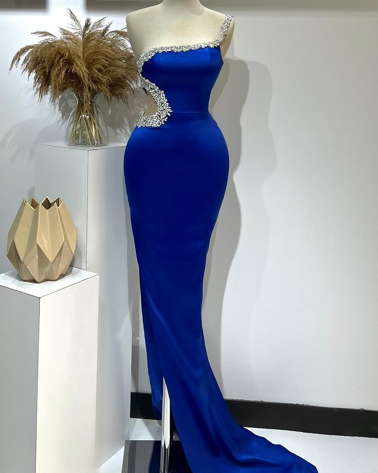 Hellodresses Royal Blue One Shoulder Beaded Sleeveless Mermaid Evening Dress With Split