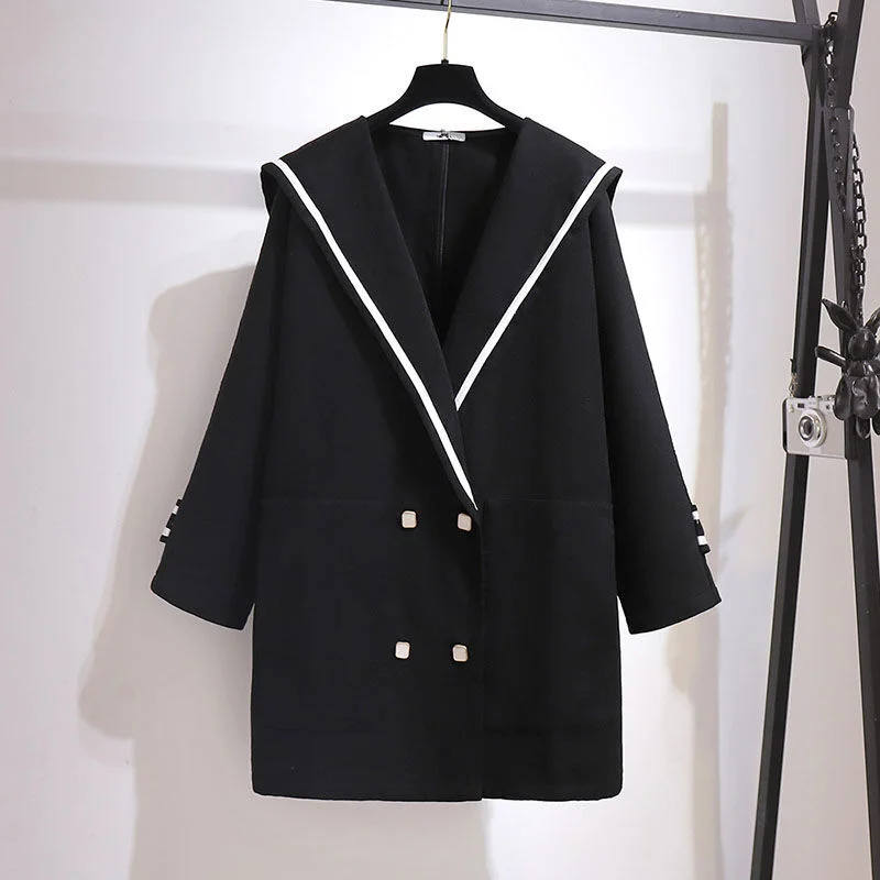 2XL-6XL Plus Size Black Sailor Collar Woollen Coat SP16680