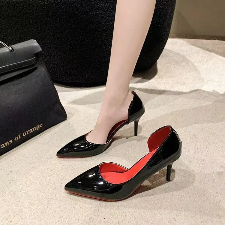 Breakj Breakj Red-Soled Black High-Heeled Women 2025 New Sexy Temperament Nightclub Fine-Heeled Leather Shallow Single Shoes