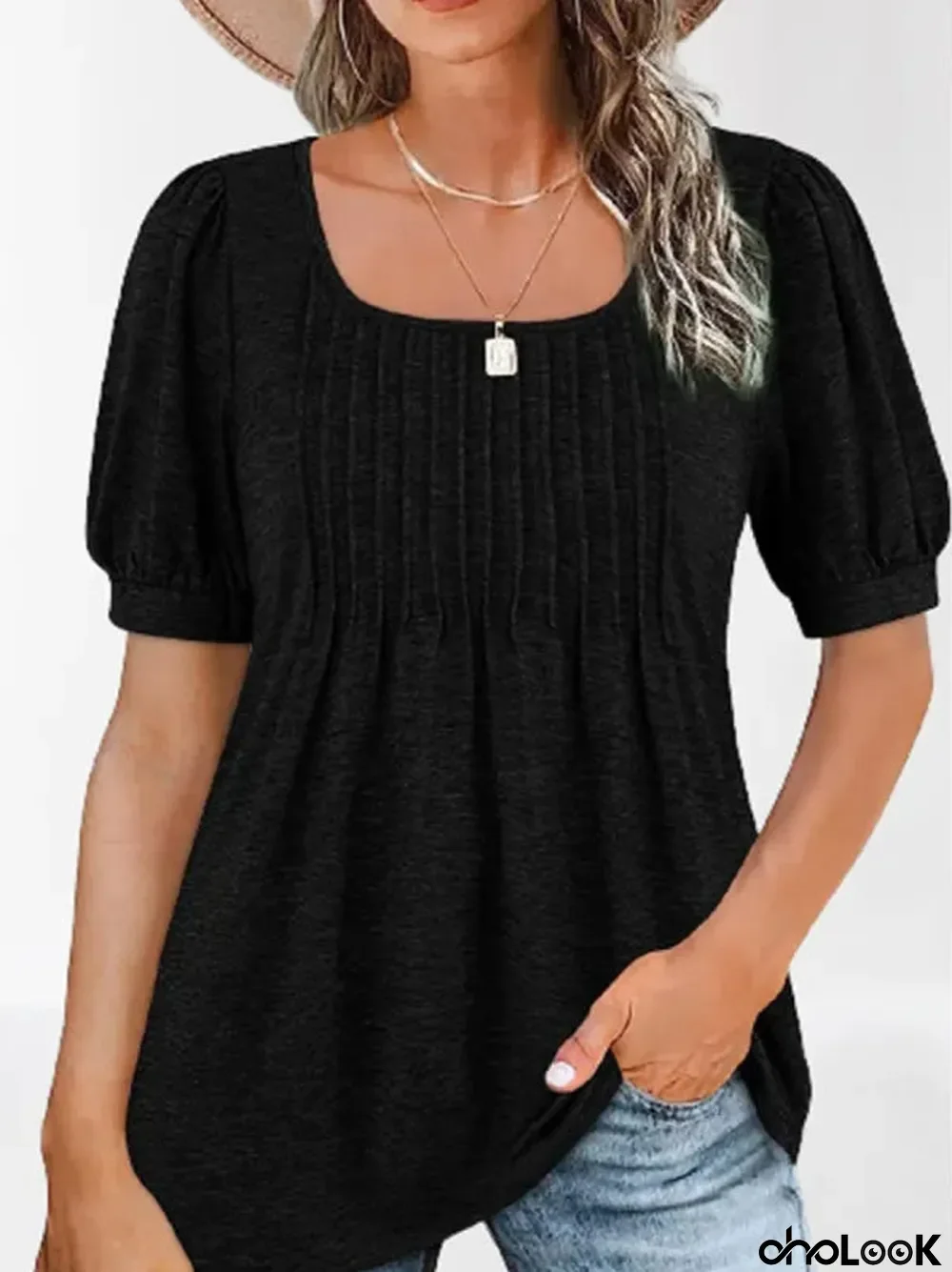 Women Short Sleeve U-neck Solid Tops
