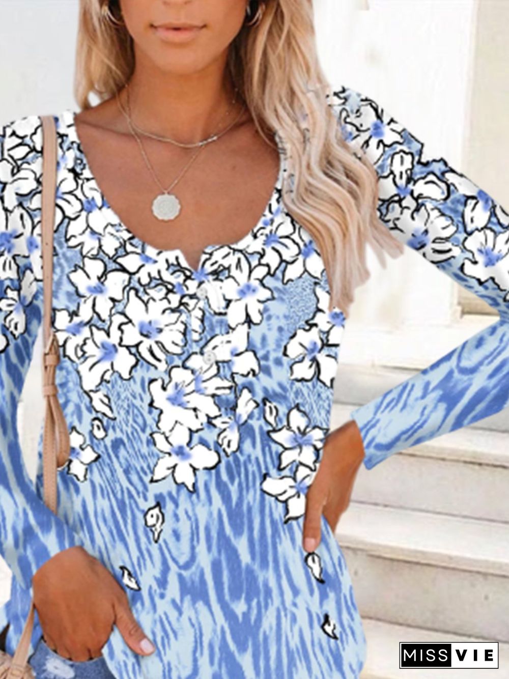 Blue Floral Printed Buttoned Shift Long Sleeve Casual Tops
