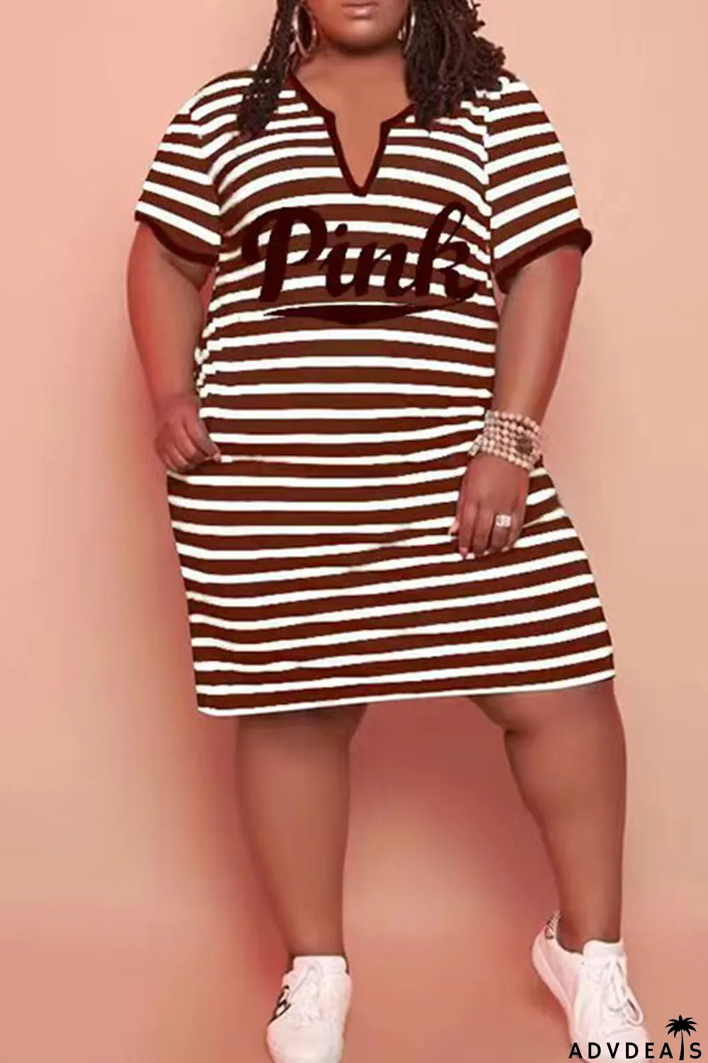Red Casual Striped Print Patchwork V Neck Straight Plus Size Dresses