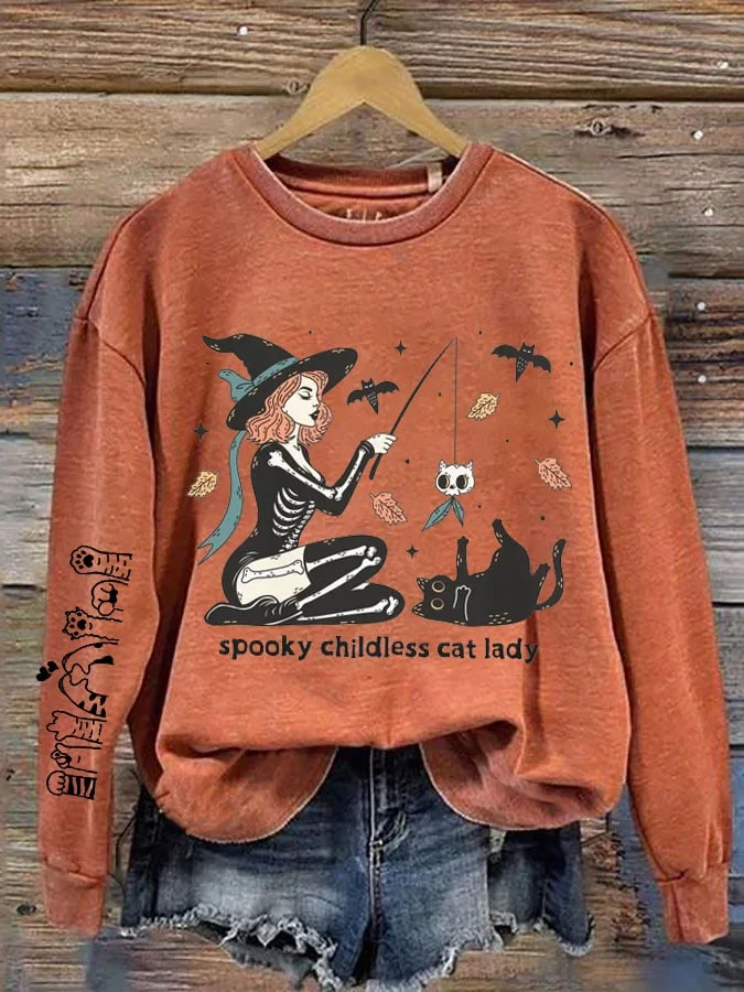 Women's Funny Halloween Spooky Childless Cat Lady  Spooky Liberal Feminist Print Crew Neck Sweatshirt