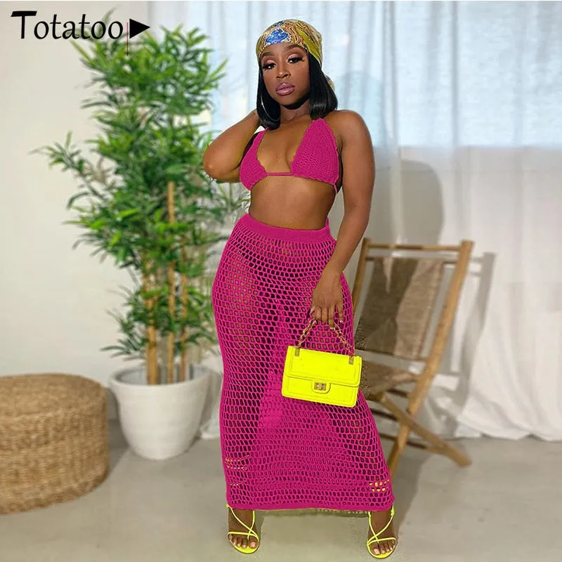 Totatoop Hollow Out Net Sexy Two Piece Set Women 2022 Backless Bandage Strap Halter Crop Top+Long Skirts Beach Outfit Dress 515