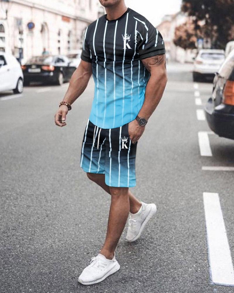 Men's Striped Gradient Printing Casual Sports Suit