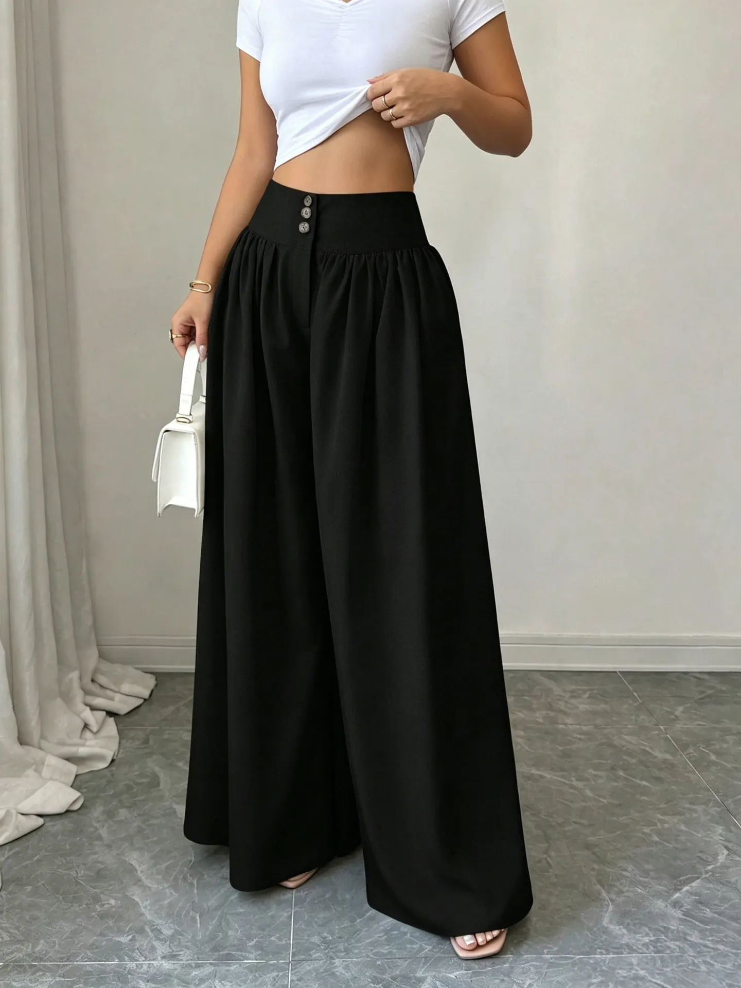 Women's 3 Buttons Casual Loose Flowy Trousers
