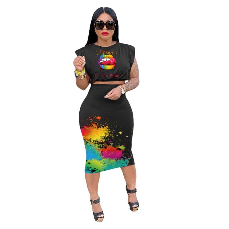 Tracksuit Two Piece Set Women Summer Skirt Sets Lip Print T Shirt Crop and Maxi Skirt Jogging Suit Summer Wholesale Dropshipping