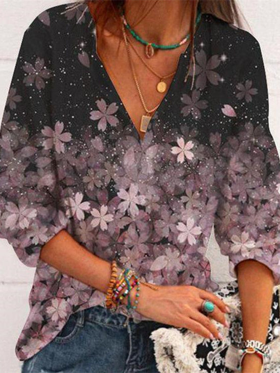 Women Long Sleeve V-neck Floral Printed Tops