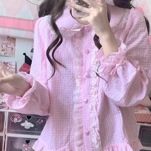 Cartoonh Sweet Lolita Blouses Gothic Women Kawaii Bow Lace Ruffles Long Sleeve Plaid JK Shirts Harajuku Y2K Cute Blusas Mujer