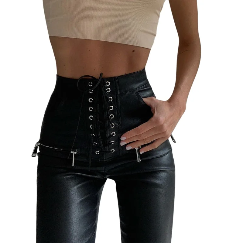 Christmas Gift  Black Faux PU Leather Pencil Pants Lace Up High Waist Slim Skinny Streetwear Autumn Casual Trousers Women 2022 Hot Sale